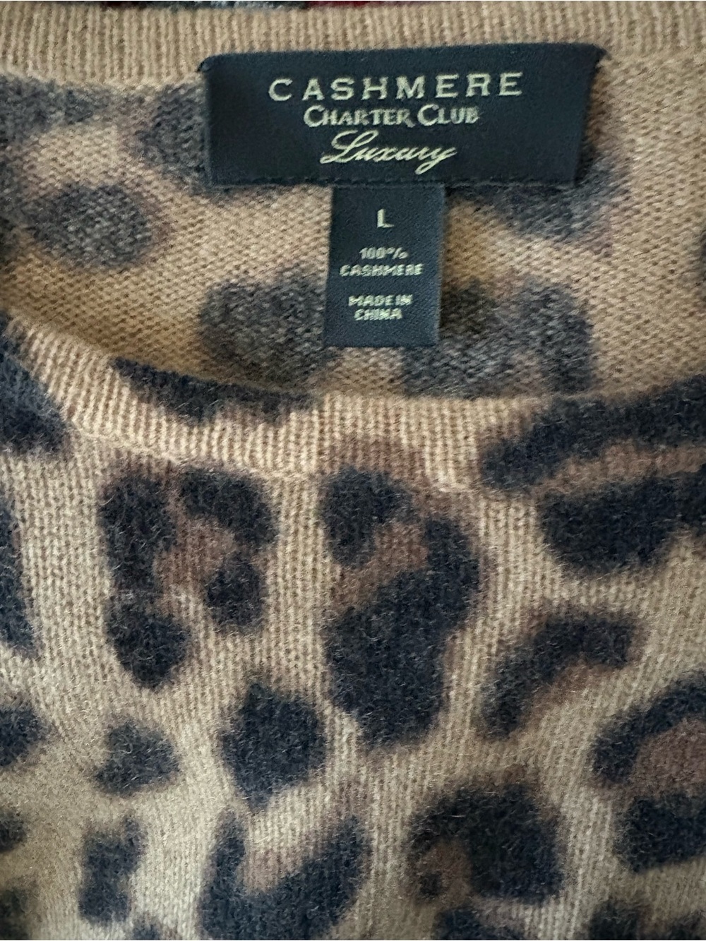 Leopard Print Cashmere Crewneck Sweater in Tan and Black by Charter Club - Picture 3 of 3
